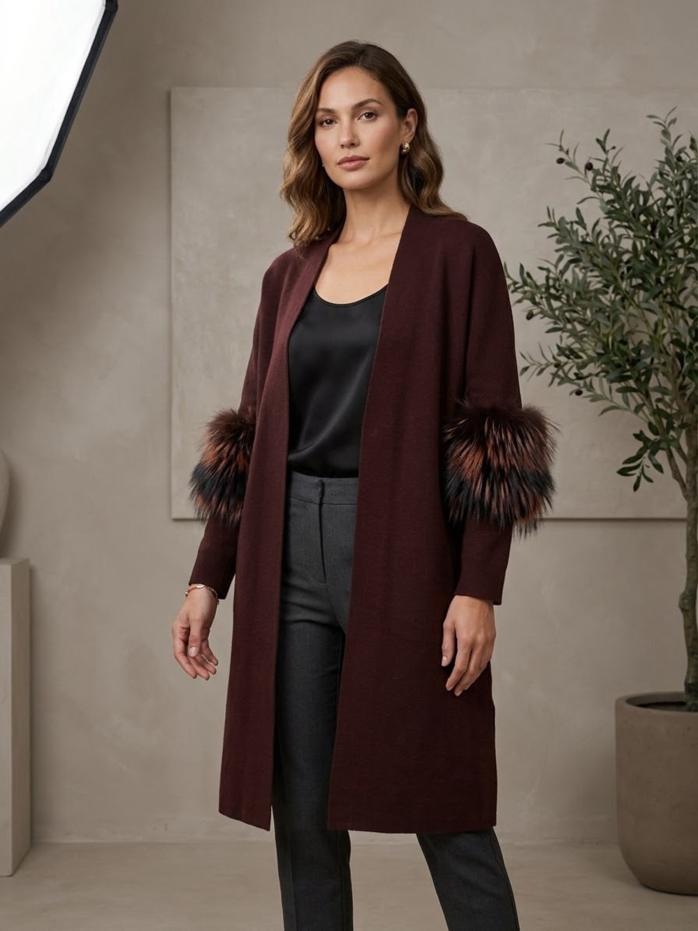 Kobi Halperin Burgundy Wool Blend Cardigan with Real Silver Fox Fur Cuffs XL